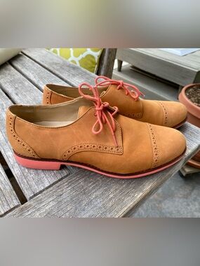 Cole Haan Tan Suede Derby Oxfords with Coral Trim